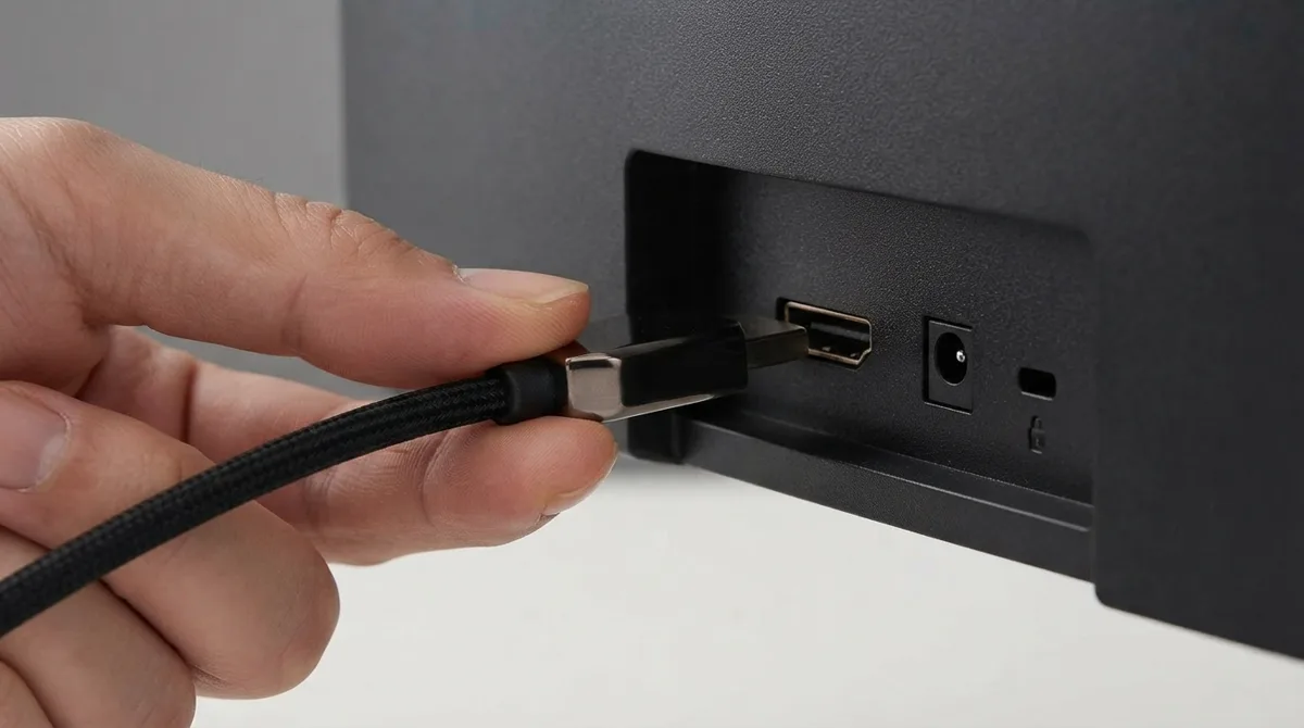 มือเสียบหัวสาย HDMI เข้าช่องด้านหลังจอให้แน่นจนสุด