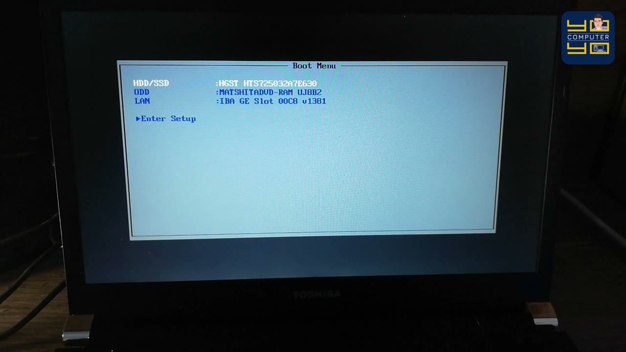 หน้าต่าง Boot Menu ของโน้ตบุ๊ก Toshiba ตอนที่ยังไม่เสียบแฟลชไดรฟ์ จะเห็นแค่ HDD/SSD, ODD และ LAN