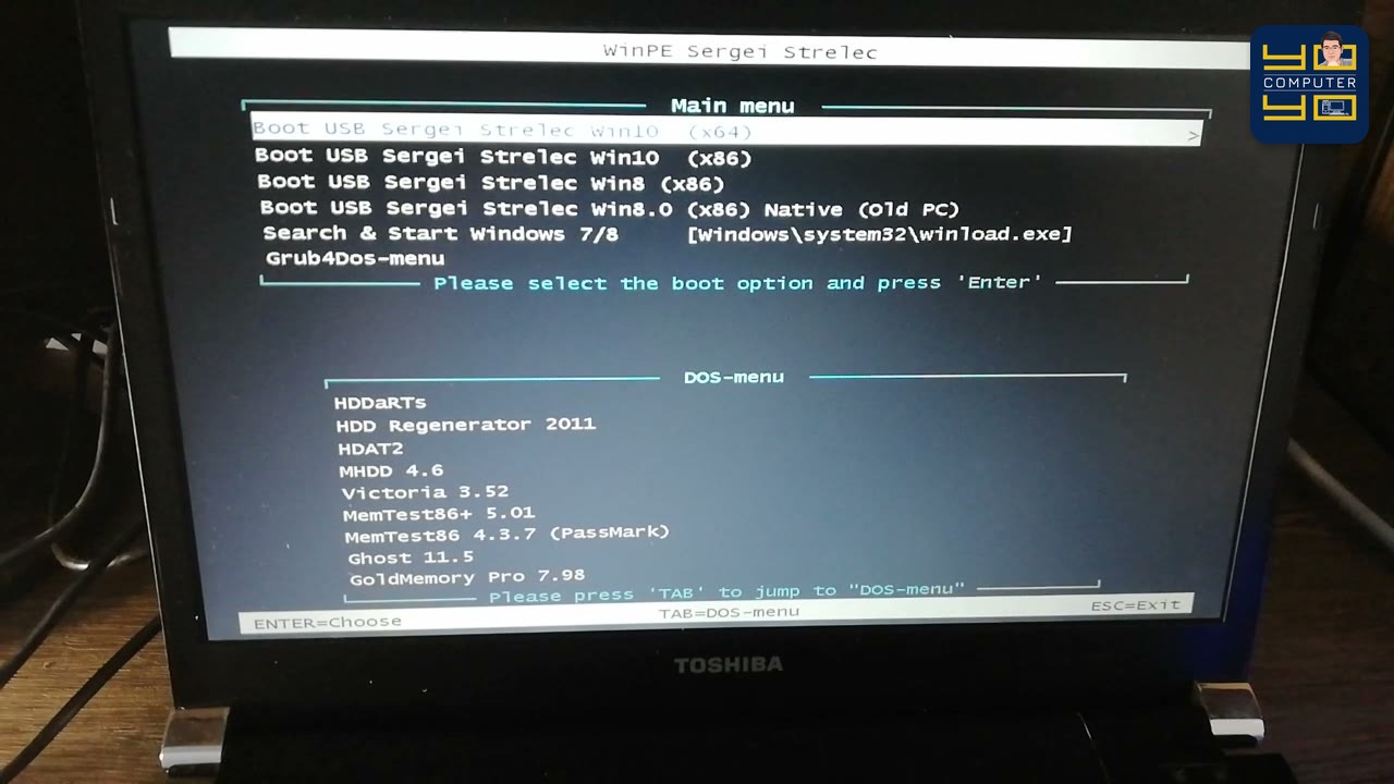 หน้าเมนูหลักของแฟลชไดรฟ์ซ่อมคอม WinPE Sergei Strelec เลือก Boot USB Win10 (x64)