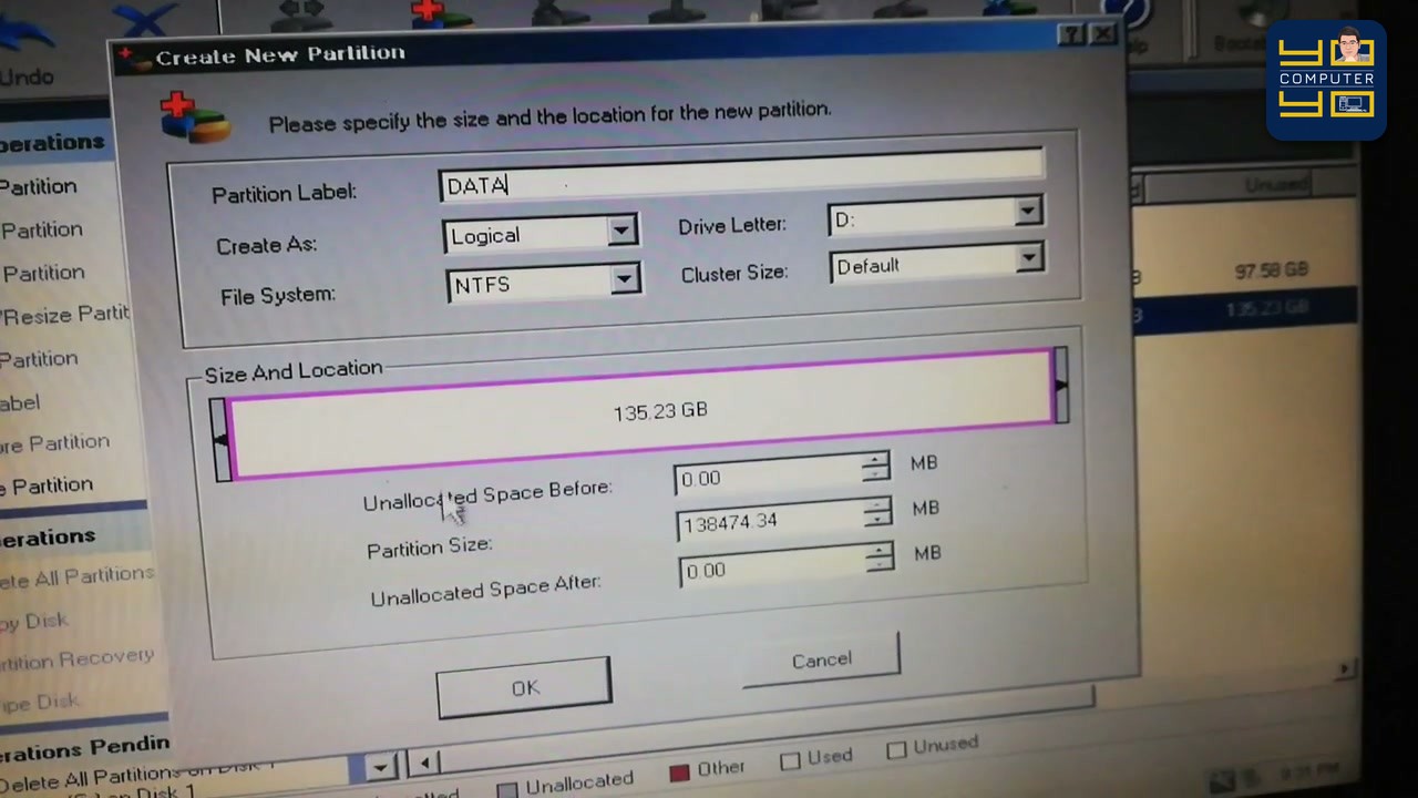 ในหน้าต่างสร้างไดรฟ์ D ช่อง Partition Label ให้ตั้งชื่อว่า DATA ได้เลยค่ะ ส่วนช่อง File System เลือกเป็น NTF…