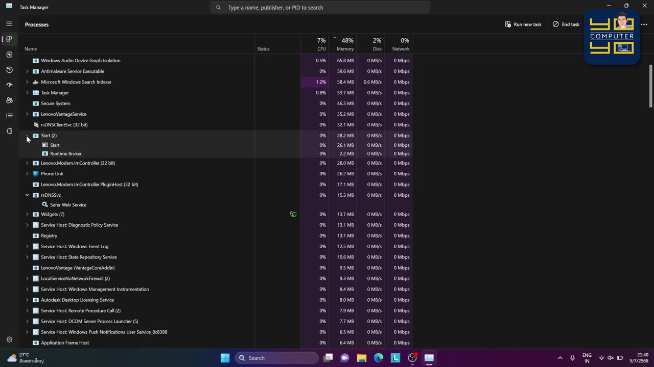 ที่เหลือกินแรมหลักสิบเมกะไบต์ลงไป รายการ Service Host ที่เห็นเยอะ ๆ เป็นบริการของระบบ แต่ละตัวเล็กมาก ไม่ต้อ…