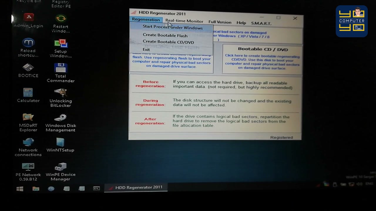 ในหน้าต่างหลักของโปรแกรม ให้คลิกที่เมนู Regeneration ด้านบนซ้าย แล้วเลือกคำสั่ง Start Process under Windows…